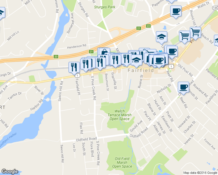 map of restaurants, bars, coffee shops, grocery stores, and more near 137 Beaumont Street in Fairfield