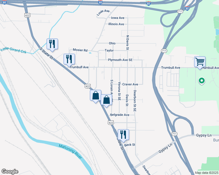 map of restaurants, bars, coffee shops, grocery stores, and more near 110 South Lorain Avenue Southeast in Girard