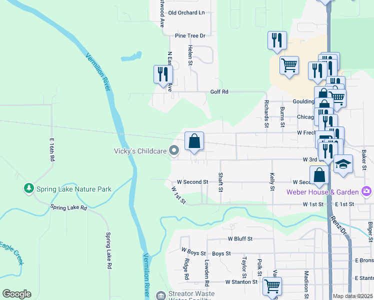 map of restaurants, bars, coffee shops, grocery stores, and more near 1608 Joseph Street in Streator