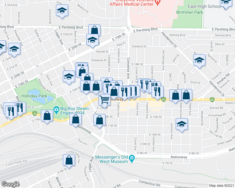 map of restaurants, bars, coffee shops, grocery stores, and more near 1418 Carbon Avenue in Cheyenne