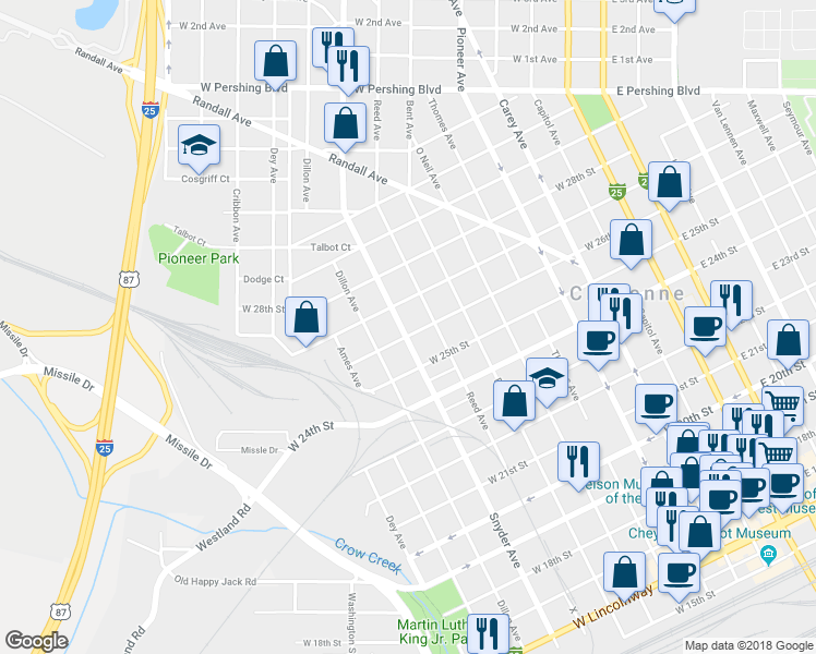 map of restaurants, bars, coffee shops, grocery stores, and more near 820 West 26th Street in Cheyenne