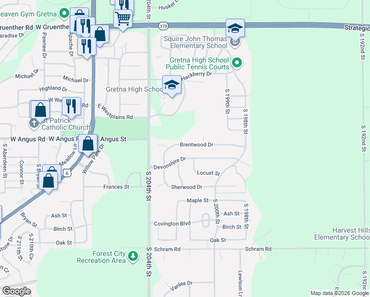 map of restaurants, bars, coffee shops, grocery stores, and more near 437 Brentwood Dr in Gretna
