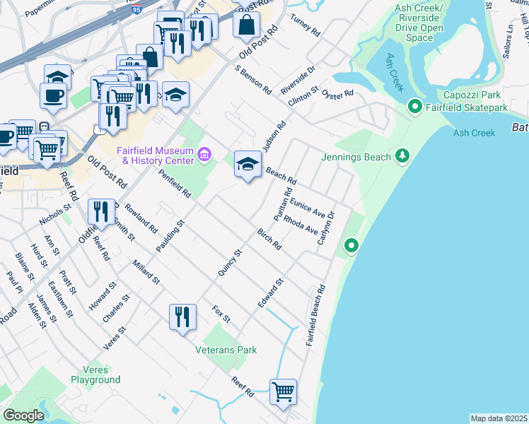 map of restaurants, bars, coffee shops, grocery stores, and more near 265 Fern Street in Fairfield