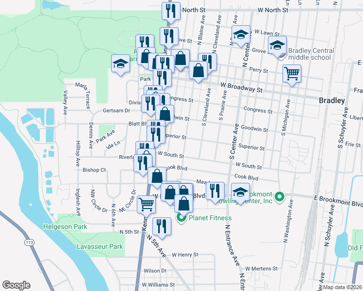 map of restaurants, bars, coffee shops, grocery stores, and more near 447 South Blaine Avenue in Bradley