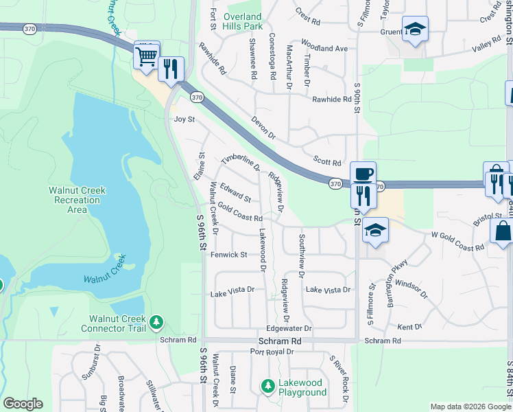 map of restaurants, bars, coffee shops, grocery stores, and more near 1001 Edward Street in Papillion