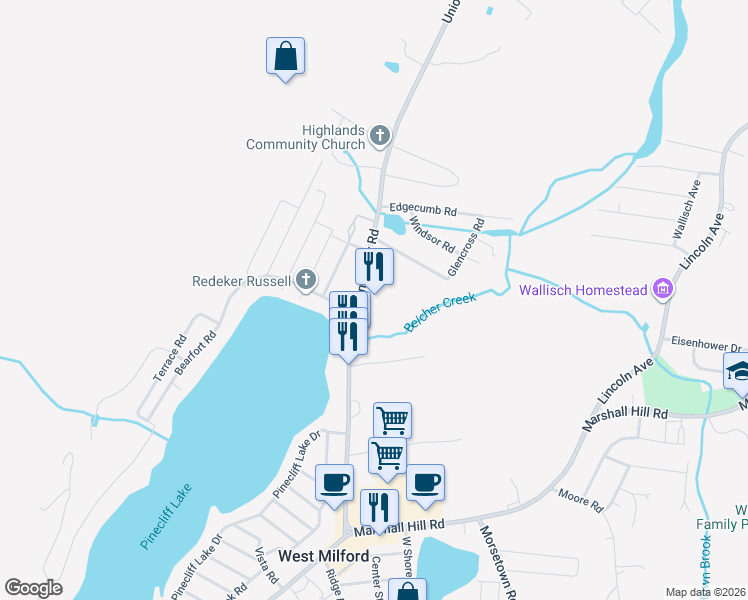 map of restaurants, bars, coffee shops, grocery stores, and more near 1614 Union Valley Road in West Milford