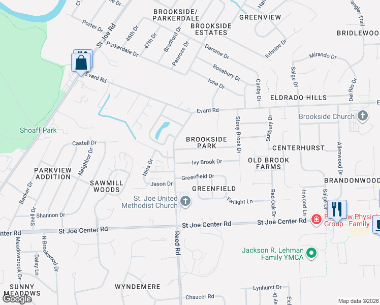 map of restaurants, bars, coffee shops, grocery stores, and more near 4914 Starwood Drive in Fort Wayne
