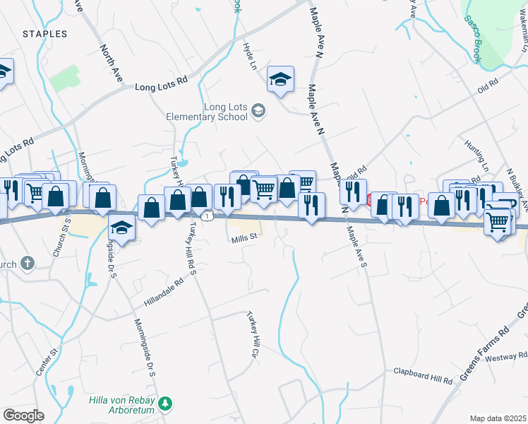 map of restaurants, bars, coffee shops, grocery stores, and more near 1385 Post Road East in Westport