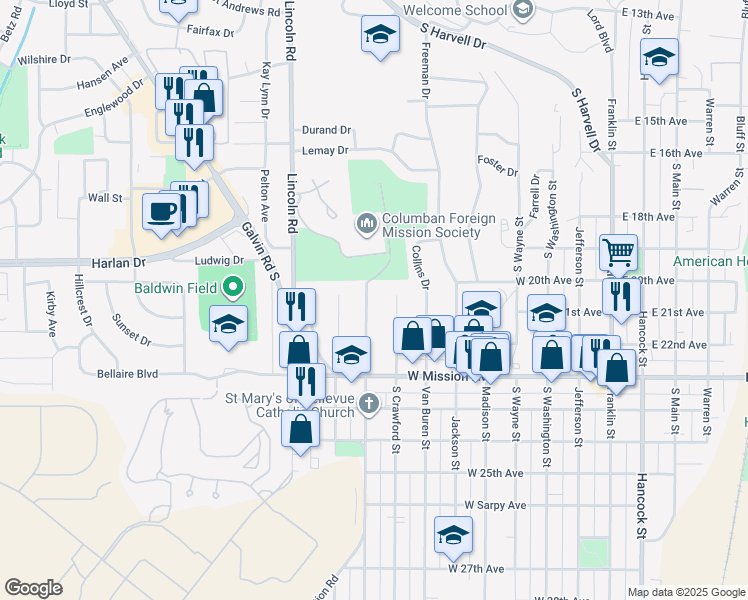 map of restaurants, bars, coffee shops, grocery stores, and more near 2009 Calhoun Street in Bellevue