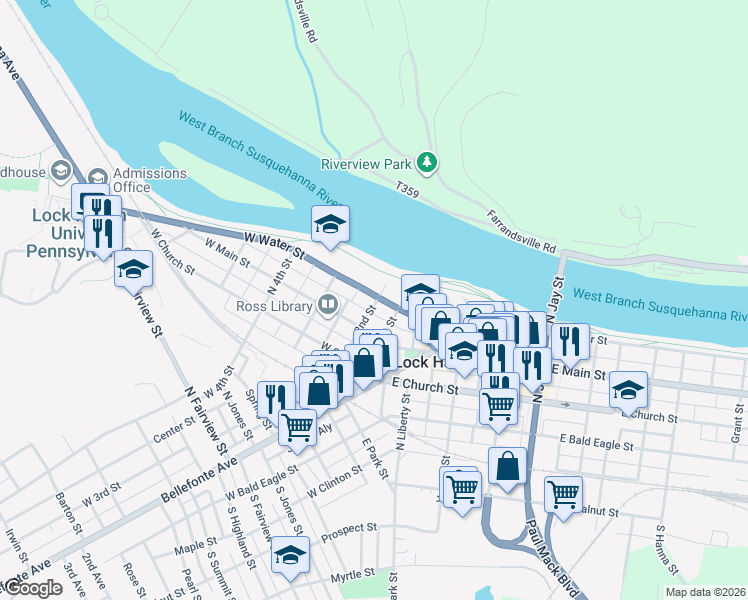 map of restaurants, bars, coffee shops, grocery stores, and more near 202 Pennsylvania 120 in Lock Haven