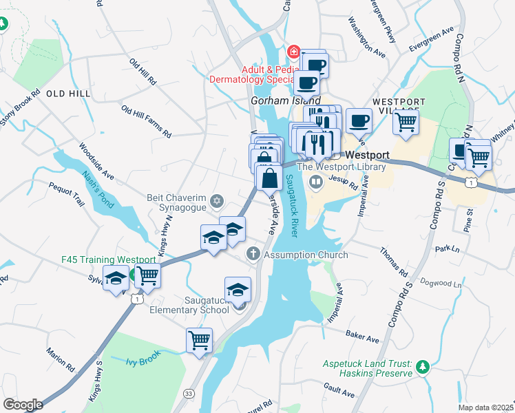 map of restaurants, bars, coffee shops, grocery stores, and more near 8 Cross Street in Westport