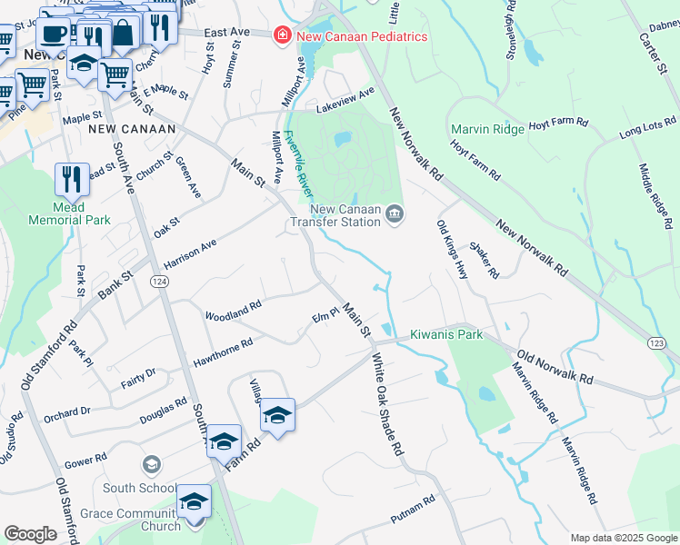 map of restaurants, bars, coffee shops, grocery stores, and more near 35 Down River Road in New Canaan