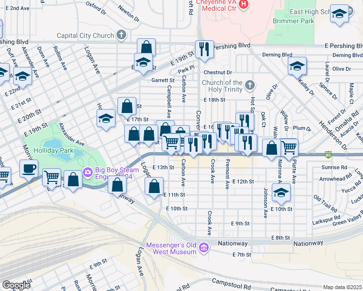 map of restaurants, bars, coffee shops, grocery stores, and more near 1418 Carbon Avenue in Cheyenne