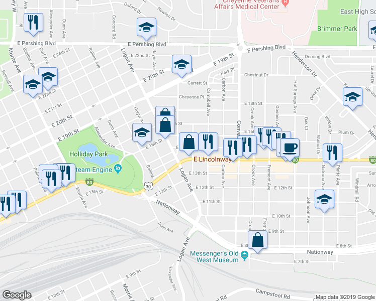map of restaurants, bars, coffee shops, grocery stores, and more near 1915 East 15th Street in Cheyenne