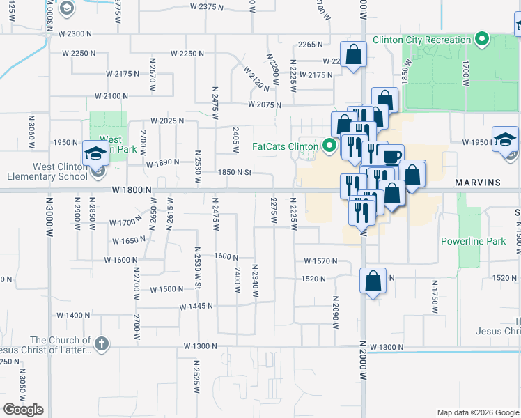 map of restaurants, bars, coffee shops, grocery stores, and more near 1742 North 2340 West in Clinton