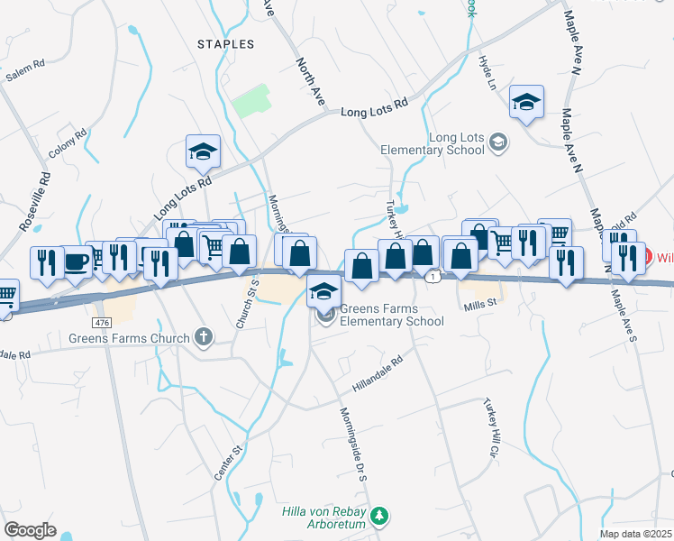 map of restaurants, bars, coffee shops, grocery stores, and more near 1157-1265 Post Rd E in Westport