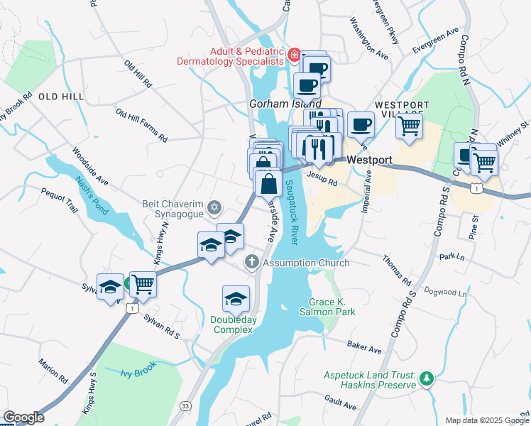 map of restaurants, bars, coffee shops, grocery stores, and more near 8 Cross Street in Westport