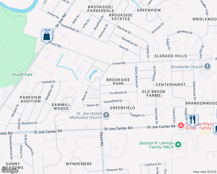 map of restaurants, bars, coffee shops, grocery stores, and more near 4914 Starwood Drive in Fort Wayne