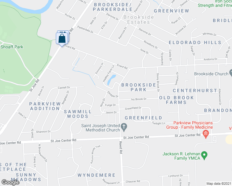 map of restaurants, bars, coffee shops, grocery stores, and more near 4701 Elsdale Drive in Fort Wayne