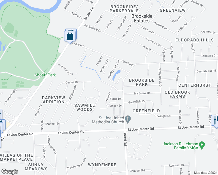 map of restaurants, bars, coffee shops, grocery stores, and more near 4430 Elsdale Drive in Fort Wayne