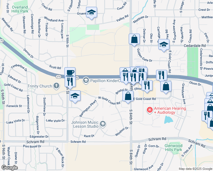 map of restaurants, bars, coffee shops, grocery stores, and more near Strategic Air Command Memorial Highway in Papillion