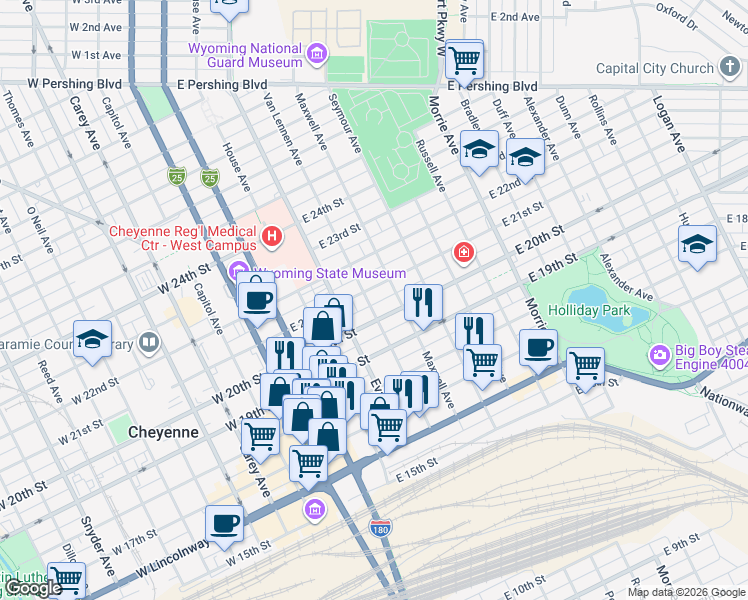map of restaurants, bars, coffee shops, grocery stores, and more near 2016 Van Lennen Avenue in Cheyenne