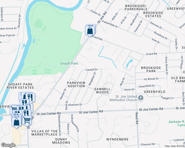 map of restaurants, bars, coffee shops, grocery stores, and more near 6317 Neighbor Drive in Fort Wayne