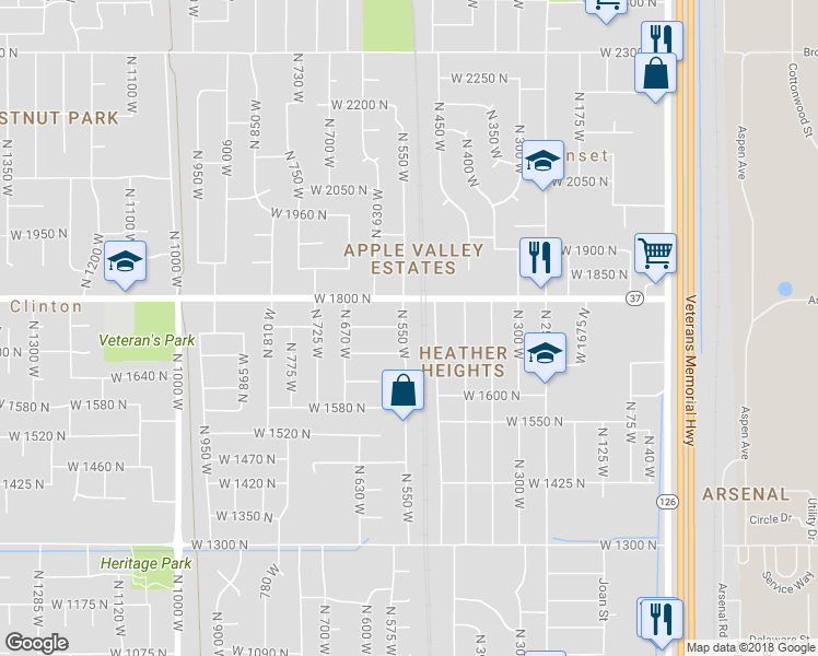 map of restaurants, bars, coffee shops, grocery stores, and more near 1736 North 550 West in Clinton
