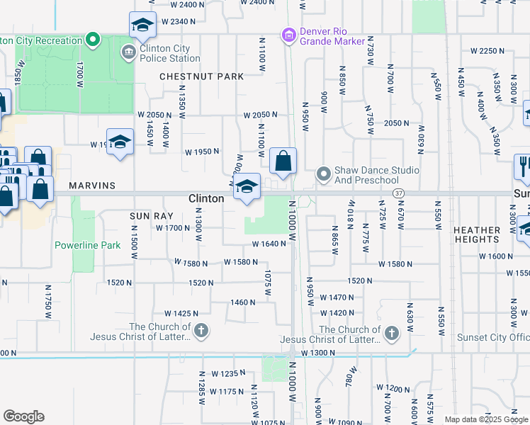 map of restaurants, bars, coffee shops, grocery stores, and more near 1101 West 1800 North in Clinton