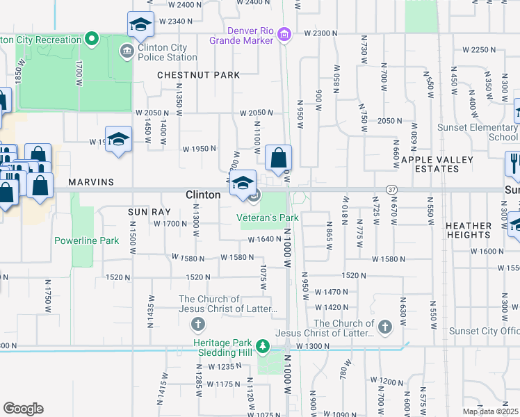 map of restaurants, bars, coffee shops, grocery stores, and more near 1101 West 1800 North in Clinton