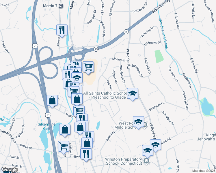 map of restaurants, bars, coffee shops, grocery stores, and more near 4 Tod Road in Norwalk