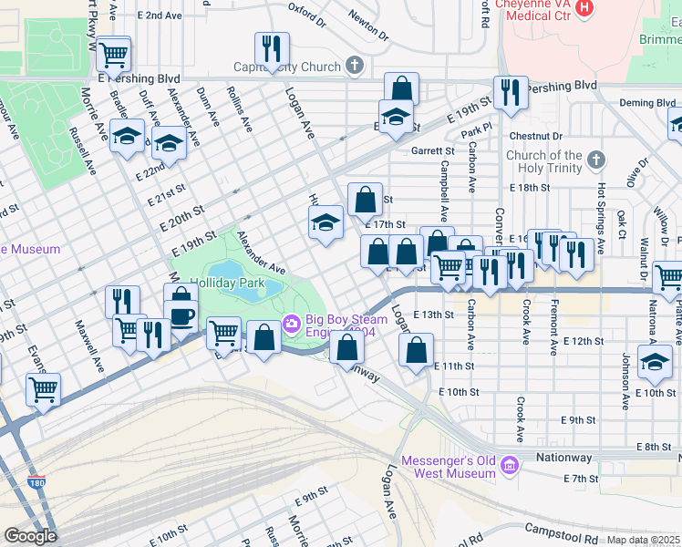 map of restaurants, bars, coffee shops, grocery stores, and more near 1517 E 16th St in Cheyenne
