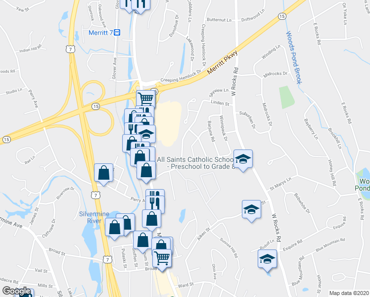 map of restaurants, bars, coffee shops, grocery stores, and more near 32 Linden Street in Norwalk