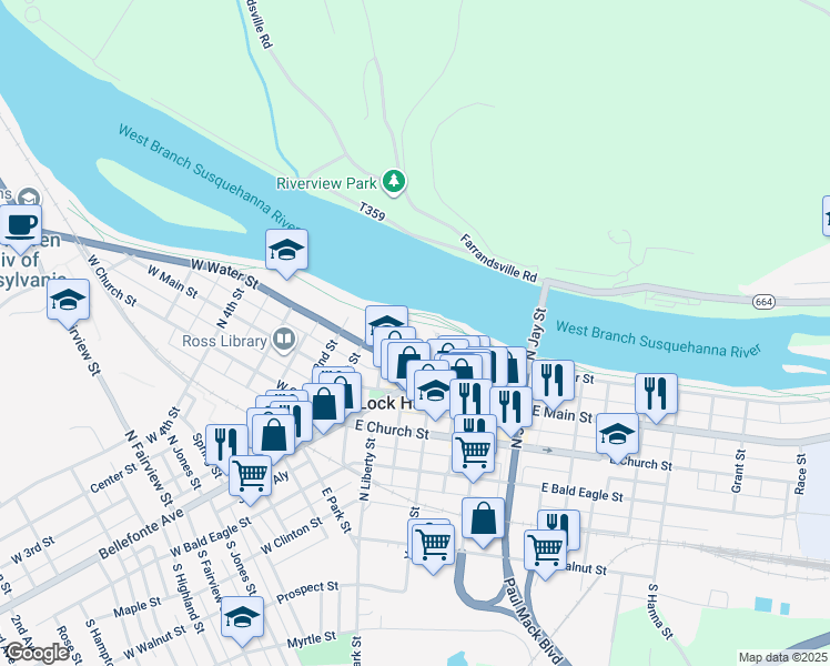 map of restaurants, bars, coffee shops, grocery stores, and more near 112 Mill Street in Lock Haven