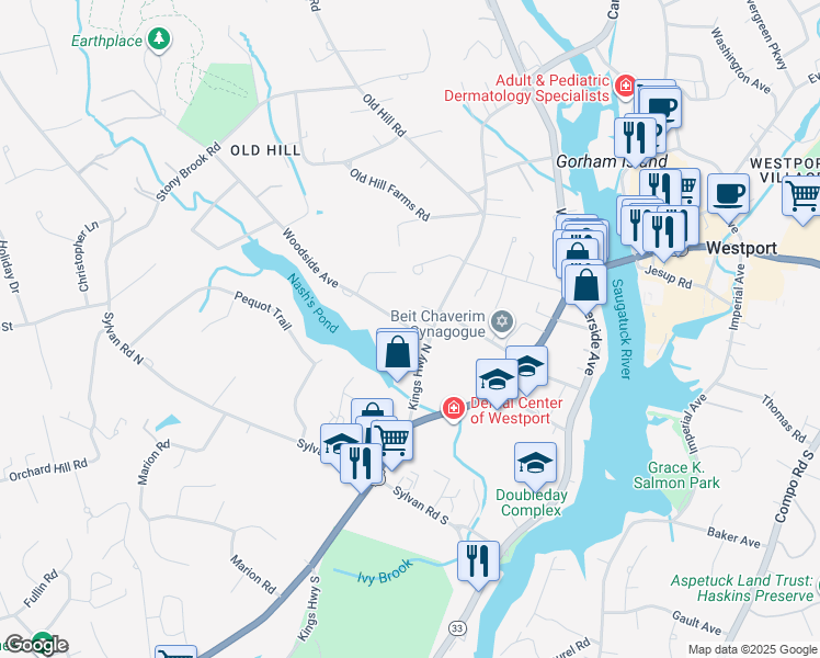 map of restaurants, bars, coffee shops, grocery stores, and more near 5 Woodside Avenue in Westport
