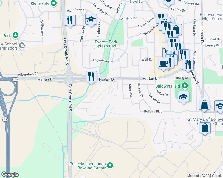 map of restaurants, bars, coffee shops, grocery stores, and more near 2011 Harlan Drive in Bellevue
