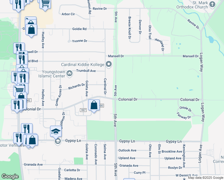 map of restaurants, bars, coffee shops, grocery stores, and more near 2506 5th Avenue in Youngstown