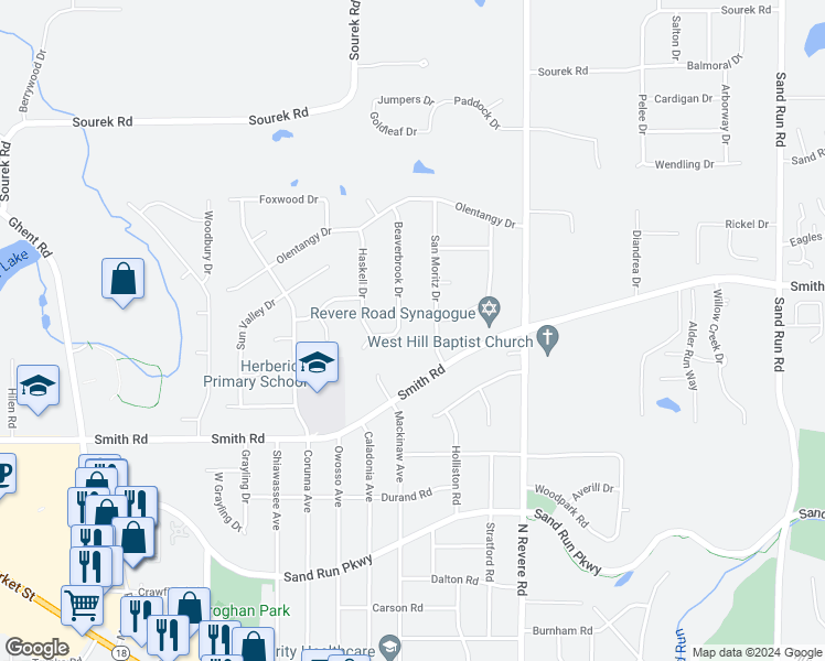 map of restaurants, bars, coffee shops, grocery stores, and more near 537 Beaverbrook Drive in Akron