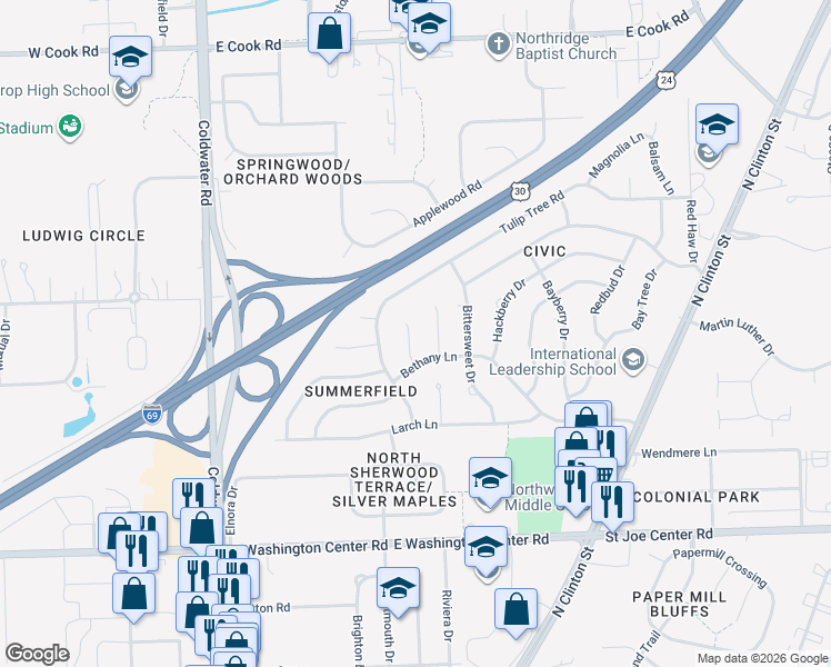 map of restaurants, bars, coffee shops, grocery stores, and more near 6518 Meadow Wood Place in Fort Wayne