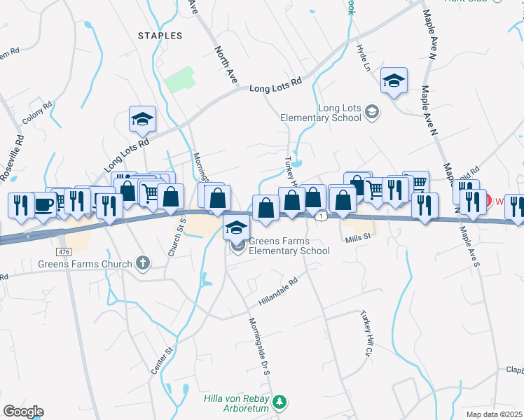 map of restaurants, bars, coffee shops, grocery stores, and more near 1175 Post Road East in Westport