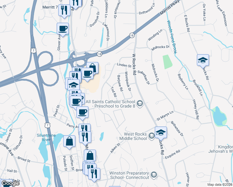 map of restaurants, bars, coffee shops, grocery stores, and more near 4 Tod Road in Norwalk
