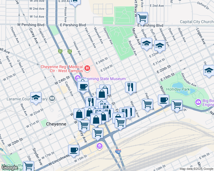 map of restaurants, bars, coffee shops, grocery stores, and more near 2110 Evans Avenue in Cheyenne