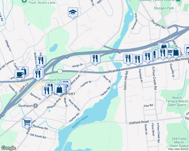 map of restaurants, bars, coffee shops, grocery stores, and more near 36 Taintor Drive in Fairfield