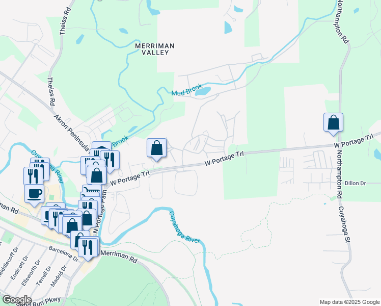 map of restaurants, bars, coffee shops, grocery stores, and more near 1551 Treetop Trail in Akron