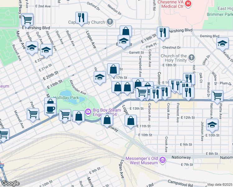map of restaurants, bars, coffee shops, grocery stores, and more near 1502 Logan Avenue in Cheyenne