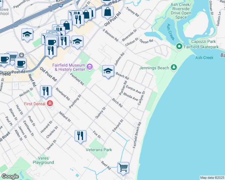 map of restaurants, bars, coffee shops, grocery stores, and more near 250 Fern Street in Fairfield