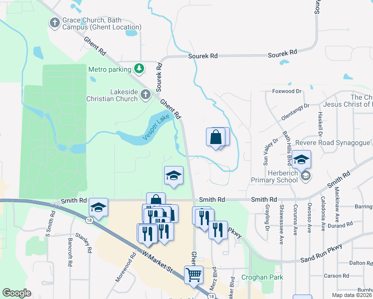map of restaurants, bars, coffee shops, grocery stores, and more near 365 Ghent Road in Akron
