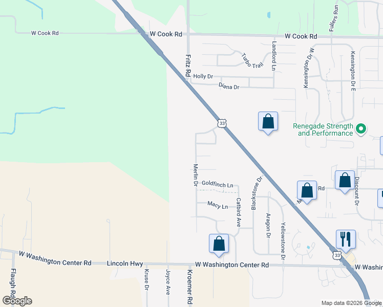 map of restaurants, bars, coffee shops, grocery stores, and more near 6511 Merlin Drive in Fort Wayne
