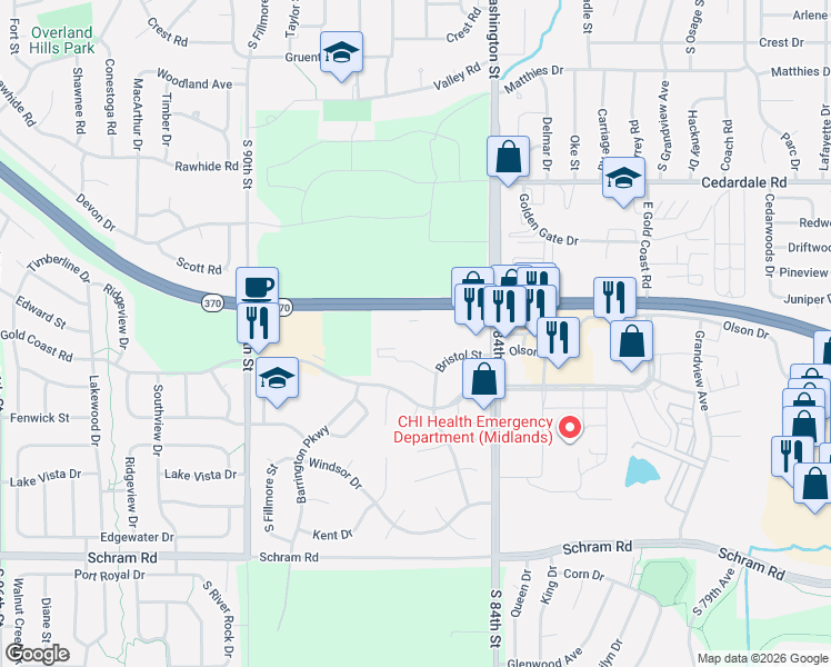 map of restaurants, bars, coffee shops, grocery stores, and more near 1512 Bristol Street in Papillion