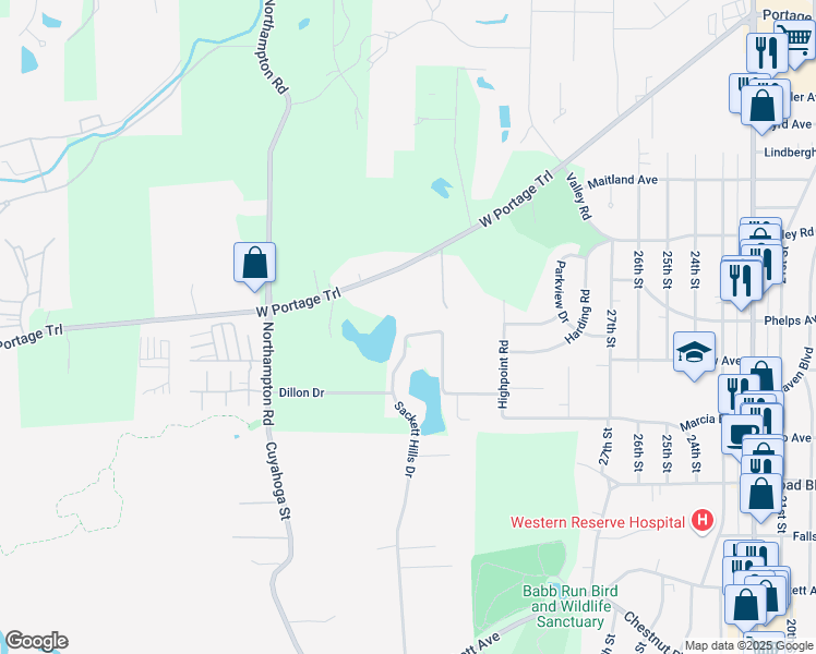 map of restaurants, bars, coffee shops, grocery stores, and more near 445 Marian Lake Boulevard in Cuyahoga Falls